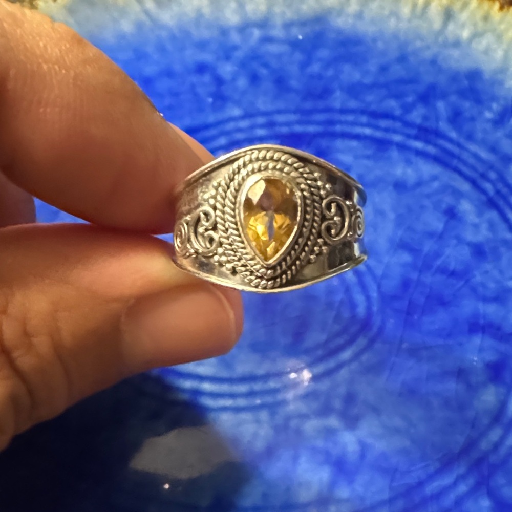 Polished Steling Silver Pear Shaped Citrine Ring